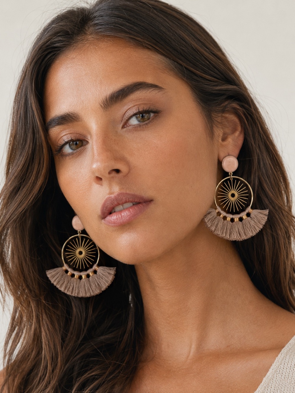 🌼HANDMADE🌼 Bohemian Sunburst Tassel Earrings, Buff and Tan